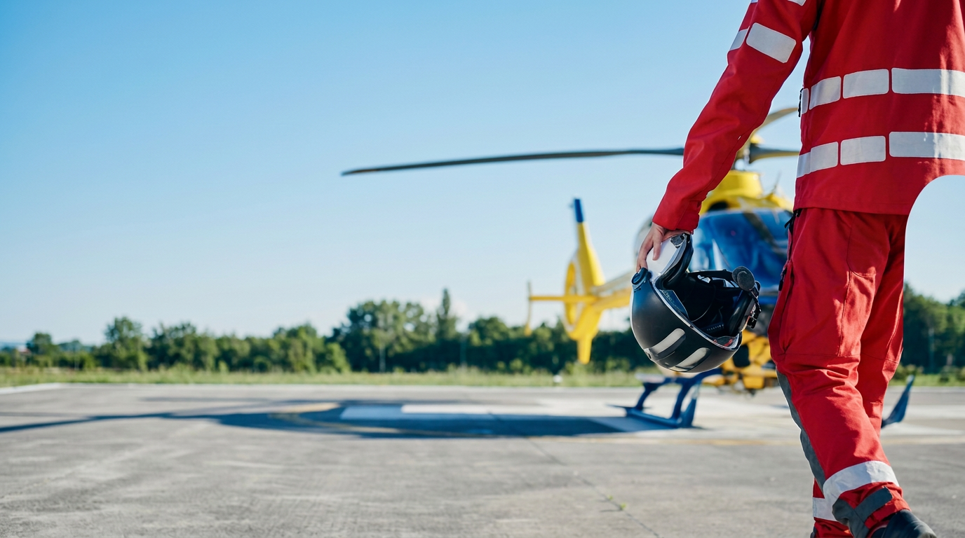 Soccorritore in uniforme accanto a un elicottero sanitario
